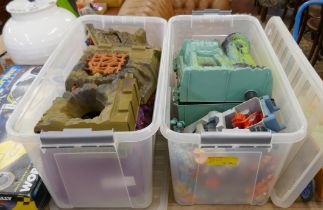 2 large boxes of played with toys to include He-Man Masters of the Universe, Thundercats etc.