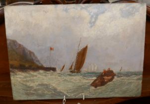 Oil on board of sailing scene by E G Lowe 1903 - Approx size: 36cm x 26cm