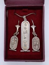 Egyptian themed silver necklace and earring set