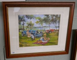 Watercolour by Michael Roffe - Classic Car Picnic - Approx image size: 27cm x 34cm