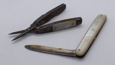 Mother-of-pearl and silver pocket knife together with a scissor penknife A/F