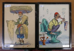 2 Hayro Avo 1970s Armenian cartoonist signed watercolours in original frames