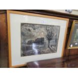 A framed and glazed mid-20th century watercolour of street scene at dusk signed bottom right