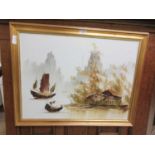 A modern gilt framed oil on canvas of sailing boats signed bottom right