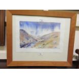 A framed and glazed watercolour of mountain scene signed by the artist