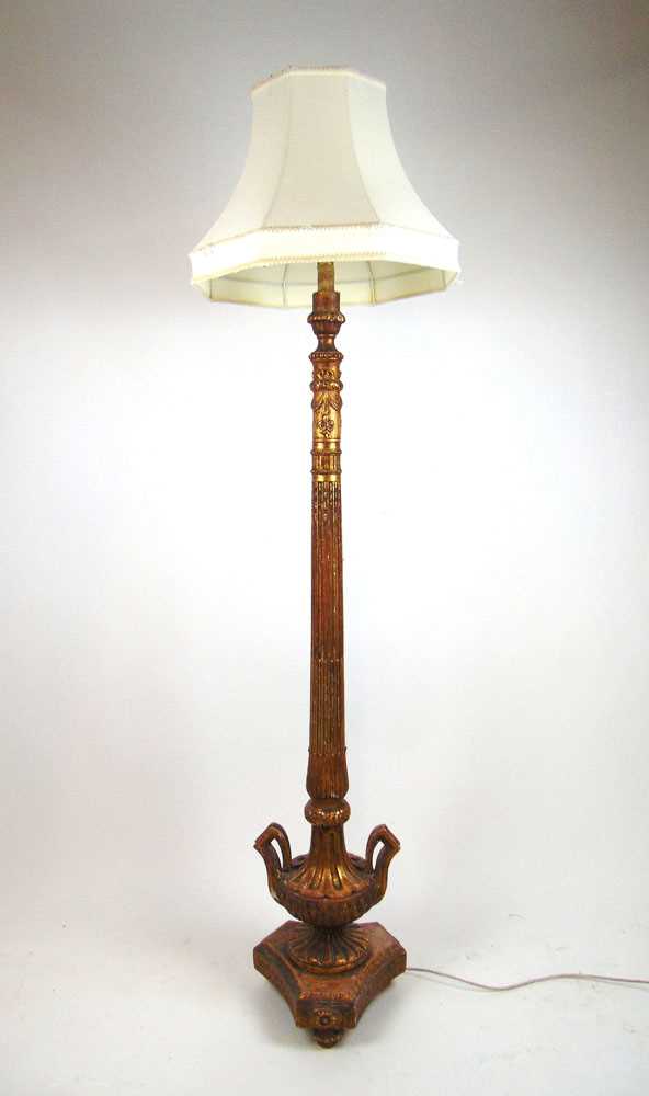 A late 19th century French giltwood standard lamp, the carved and fluted column on triform base, - Image 2 of 2