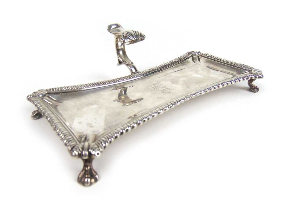 A George III silver hallmarked snuffer tray of waisted form with scroll over handle and gadrooned - Image 2 of 3