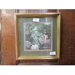 A framed and glazed fabric artwork of boy looking down stream signed Eva 1986