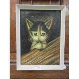 A 20th century framed oil on canvas of a pensive catDimensions with frame: H, 35cm , W, 26cm