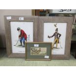 A set of four framed and glazed comical golfing prints along with a Cashes silk