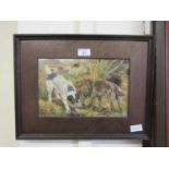 A framed oil on board of two dogs, signed Gene Terry 1989