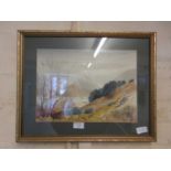 A framed and glazed watercolour of mountain scene signed E.Grieg Hall