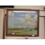 A framed and glazed pastel of countryside scene, initialled bottom right