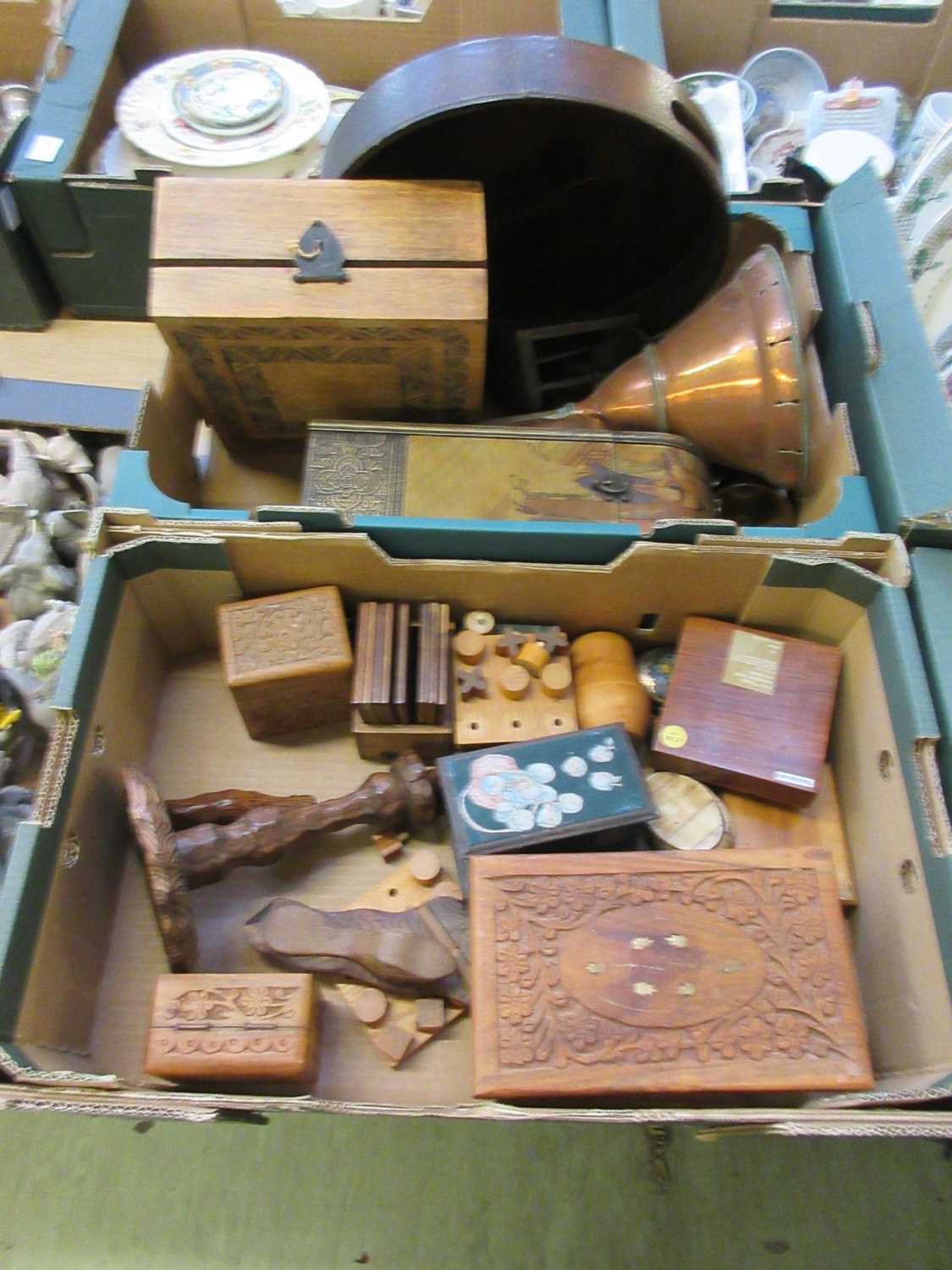 Two trays of wooden and metal items to include storage boxes, wooden games, etc