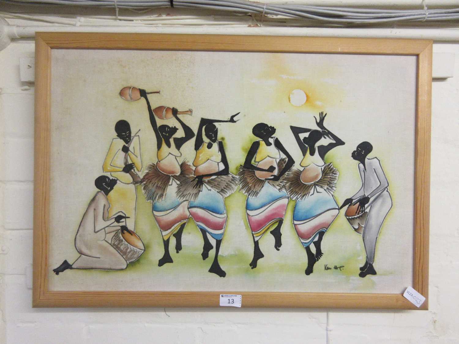 A framed African print on silk of dancing ladies