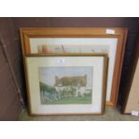 Three framed and glazed artworks to include a watercolour of cottage and prints etc.