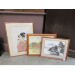 Two oriental artworks along with a watercolour of a church