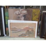 Artworks to include oil on board of countryside, oil on canvas of lady reading, watercolours etc.