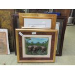 A collection of framed and glazed prints of elephants including a three dimensional wall plaque