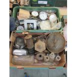 Two trays containing pressure meters, miner's lamp, soda siphon, etc