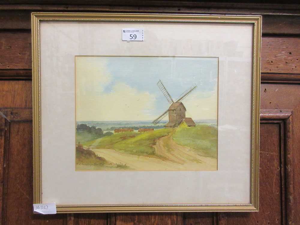 A framed and glazed watercolour of windmill scene signed bottom left