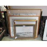 Five framed and glazed artworks to include maps, monochrome print of building, countryside prints,