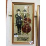 A framed ceramic tile of street musicians