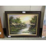 A modern framed oil on canvas of eastern village scene