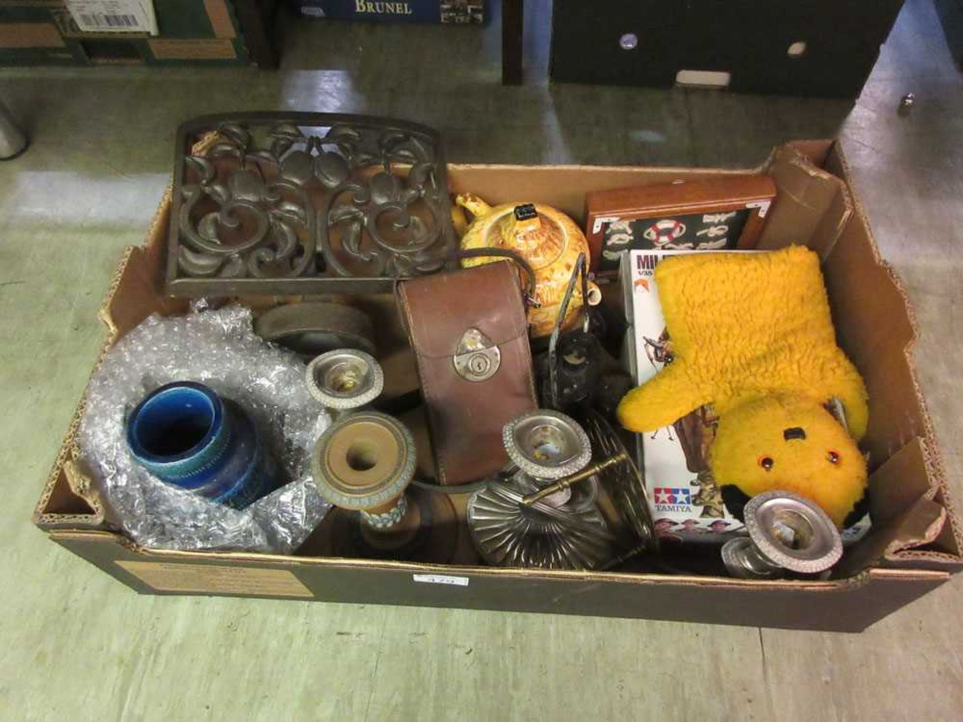 A tray containing metal menu rack, mid-20th century vase, a Sooty glove puppet, etc