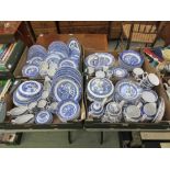 Four trays of blue and white ceramic tableware with Willow pattern by Woods, etc