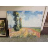 An unframed oil on board of figure in meadow scene