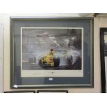 A framed and glazed limited edition print depicting F1 driver Damon Hill with facsimile signature