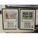 A pair of framed and glazed football displays of Aston Villa vs Chelsea with FA cup final