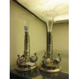 A pair of glass and plated bud vases with swan design