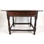 A 17th century and later oak side table, the top over single drawer on turned legs, h. 76 cm, w. 111