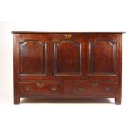 A mid 18th century style oak and inlaid mule chest, the lift up to lifting to reveal a vacant