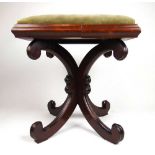 A 19th century mahogany stool, the pad seat upholstered in a cut olive green fabric on four C-scroll
