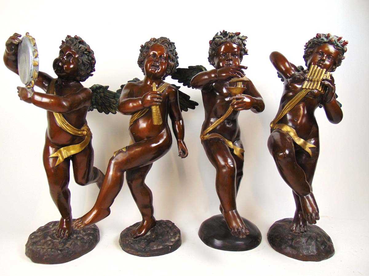 A set of four large scale 20th century brass polychrome cupids playing musical instruments, h. 87 - Image 4 of 4