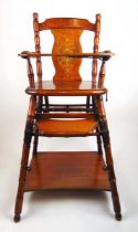 An early 20th century beech metamorphic childs high chair/walking aid, the transfer decorated back