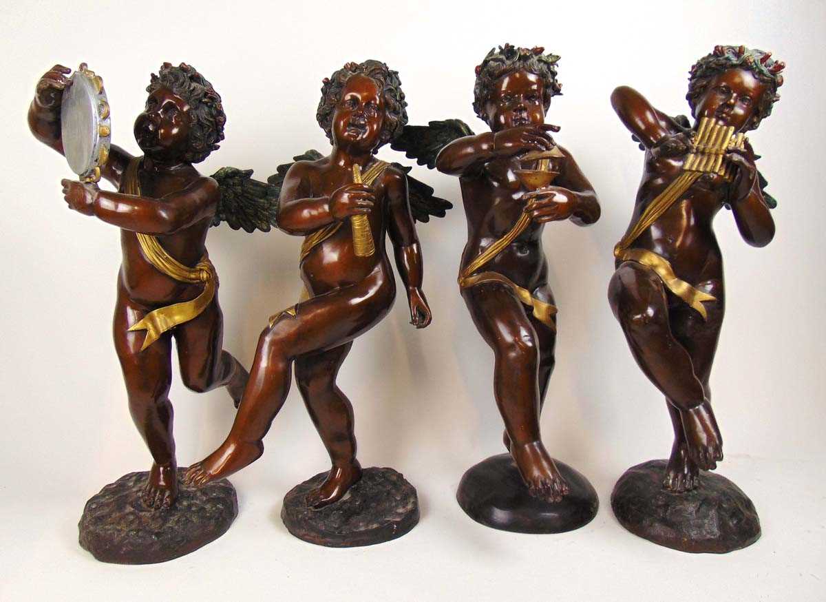 A set of four large scale 20th century brass polychrome cupids playing musical instruments, h. 87 - Image 2 of 4