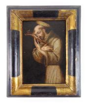 17th/18th century English school monk with stigmata crying over the cross unsigned oil on board 13