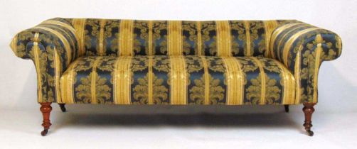 A 19th century walnut sofa upholstered in a striped blue and gold floral patterned fabric, h. 69 cm,