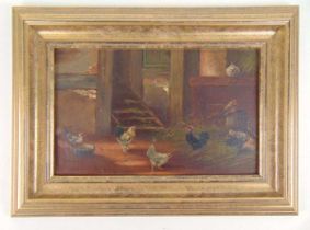 20th century French school chickens in shed signed (illegible) oil on board 27 cm x 17 cm