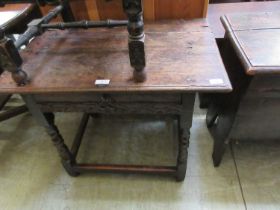 An early 18th century oak childs table, teh moulded top over single drawer on turned legs, h. 66 cm,