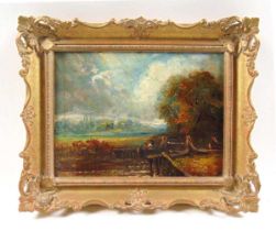 19th century English school canal scene unsigned oil on board 28 cm x 21 cm
