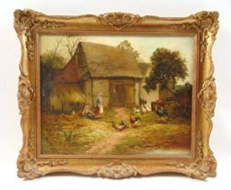 Robert John Hammond (British, fl. 1879-1911) children and chickens in farmyard signed oil on