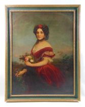 19th century English school portrait of lady in red dress unsigned oil on canvas 77 cm x 106 cm