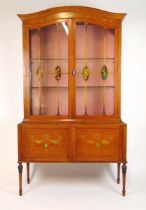 An early 20th century satinwood and painted display cabinet, the dome top over two glazed doors with