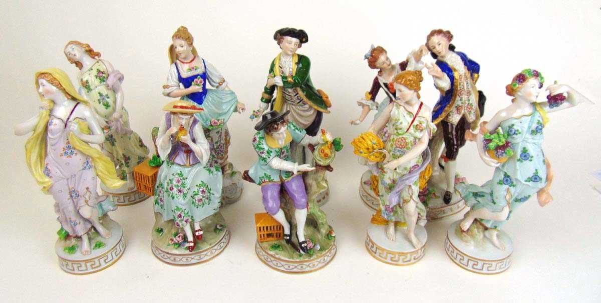 A collection of nine 20th century Sitzendorf porcelain figures to include a dancing couple, lady - Image 3 of 3