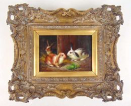 English school 20th century three rabbits eating unsigned oil on board 24 cm x 16 cm
